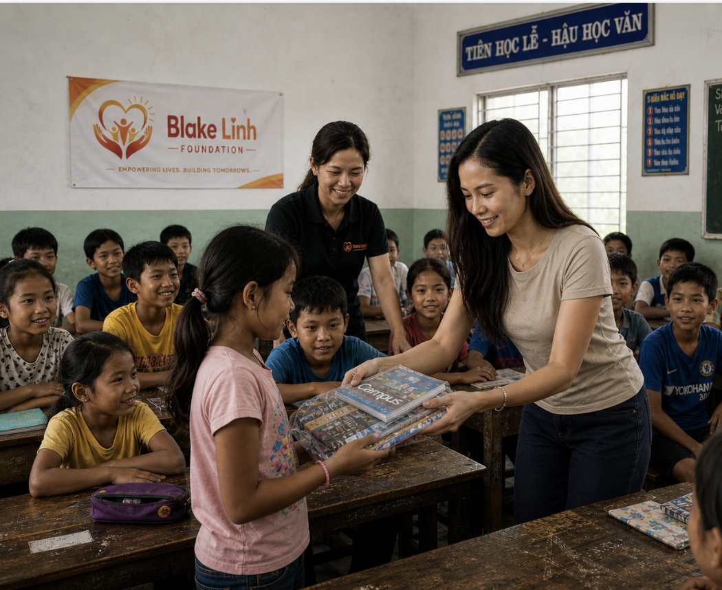 Children receiving school supplies from Blake Linh Foundation